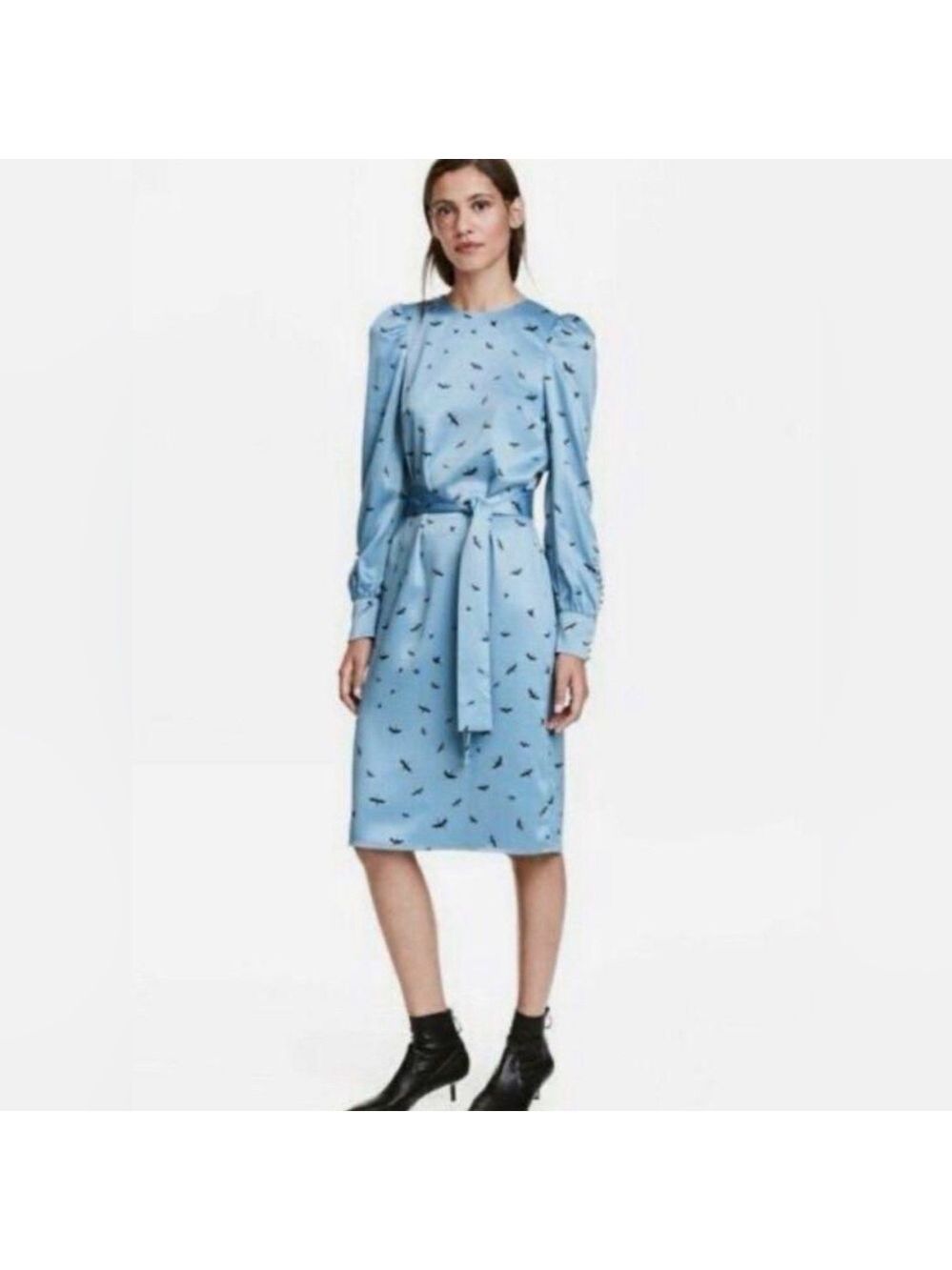 H&M vintage Inspired Crane Bird Patterned Midi Dress with Buttoned Cuffs
